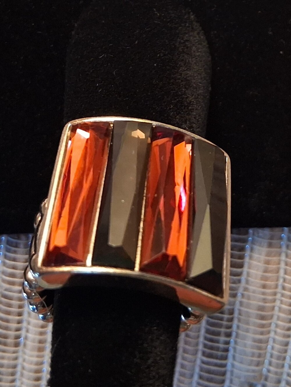 ​Gold-Tone Statement Ring Amber & Black Baguette Faceted Stones Size 9.5 Stretch